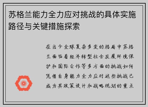 苏格兰能力全力应对挑战的具体实施路径与关键措施探索