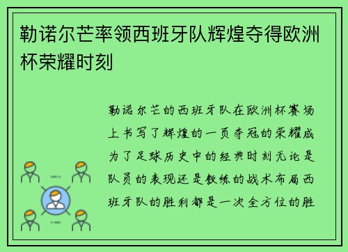 勒诺尔芒率领西班牙队辉煌夺得欧洲杯荣耀时刻
